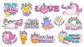 Cute slogan patches. Time to be unicorn, shine like star and follow your dreams signs with happy cat, sweet candies and magic pony