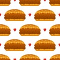 Cute sloppy joe sandwiches, burgers with minced meat and red hearts vector seamless pattern background