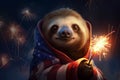 Cute sloth with an American flag holding a sparkling wand. Fourth of July concept. AI-generated. Royalty Free Stock Photo