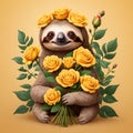 funny sloth with a bouquet of roses on a yellow background. for a birthday card or International Women\'s Day, March 8th. Royalty Free Stock Photo