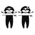 Cute Sloth Character Boy and Girl, with Text Separator Black Stencil Monogram Isolated Vector