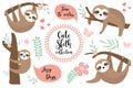 Cute sloth character set. Collection of design elements with trees, plants, flowers. Kids baby clip art funny smiling