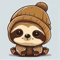 Cute sloth comic wearing a beanie with sweater and hut.