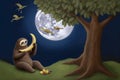 A cute sloth eating a banana under a tree at night. Generative AI