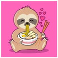 Cute Sloth eating ramen noodles in a bowl. Vector illustration hand-drawn style