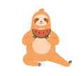 Cute sloth eating watermelon. Happy funny animal sitting and holding sweet fruit slice in paws. Charming smiling