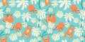 Cute sloth on floral tree pattern design. Seamless background funny lazy animal Royalty Free Stock Photo