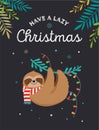 Cute sloth, funny Christmas illustrations with Santa Claus scarf - greeting cards or banner template