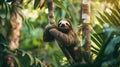 Cute sloth hanging on a tree branch in the jungle. Royalty Free Stock Photo