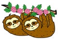 Cute sloth lover climbing flower tree cartoon art funny wallpaper