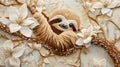 Cute Sloth Hanging on Branch with Flowers, Textile Art, Adorable Animal Royalty Free Stock Photo
