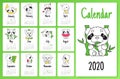 Cute sloth and panda 2020 calendar design template with cartoon kawaii characters Royalty Free Stock Photo