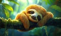Cute sloth resting on branch in lush tropical rainforest with vibrant greenery Royalty Free Stock Photo