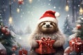 Cute Sloth in Santa Hat with red Christmas Gift. Adorable cartoon animal. Merry Christmas design Royalty Free Stock Photo