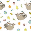 Cute Sloth Seamless Pattern, Cartoon Hand Drawn Animal Doodles Vector Illustration Background Royalty Free Stock Photo