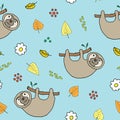 Cute Sloth Seamless Pattern, Cartoon Hand Drawn Animal Doodles Vector Illustration Background Royalty Free Stock Photo