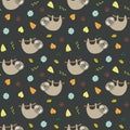 Cute Sloth Seamless Pattern, Cartoon Hand Drawn Animal Doodles Vector Illustration Background