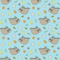 Cute Sloth Seamless Pattern, Cartoon Hand Drawn Animal Doodles Vector Illustration Background Royalty Free Stock Photo