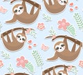 Cute sloth seamless pattern. Endless texture with trees, plants, flowers. Kids baby clip art funny smiling forest animal Royalty Free Stock Photo