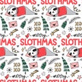 Cute Sloth seamless pattern, winter cozy background. Doodle lazy sloth bear sleeping with ugly sweater, christmas tree. Royalty Free Stock Photo