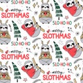 Cute Sloth seamless pattern, winter cozy background. Doodle lazy sloth bear with ugly sweater, cup of coffee.