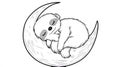 Cute Sloth Sleeping on Crescent Moon, Black and White Line Drawing Art Royalty Free Stock Photo