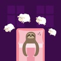 Cute sloth sleeping sign zzz. Jumping sheeps. Cant sleep going to bed concept. Counting sheep. Hands on blanket pillow. Animal set