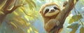 Cute sloth smiling while climbing a tree in a lush green forest environment, copy space for text Royalty Free Stock Photo