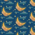 Cute sloth in space sleeping on the shiny moon, cosmic seamless pattern with clouds and stars. Vector space pattern for Royalty Free Stock Photo