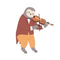 Cute sloth in suit and bow playing fiddle. Animal musician performing classical music on violin. Funny kids character