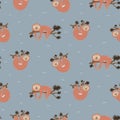 Cute sloth on tree branches seamless pattern vector. Childish cartoon animal blue background.
