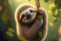 Cute sloth on a vine in the forest