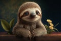 Cute sloth on a wooden platform with flowers