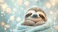 Cute Sloth Wrapped in a Blue Blanket in Snowy Winter Scene Royalty Free Stock Photo