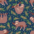 Cute sloths on branch seamless pattern for nursery wallpaper. Baby sloth animal with mother. Funny lazy animals textile Royalty Free Stock Photo