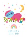 Cute sloths card. Lazy jungle animal. Happy tropical character. Mammal sleeping on branch. Calm and relax. Dreaming