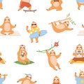 Cute sloths pattern. Seamless background with lazy funny baby animals. Endless repeating print. Repeatable kids texture