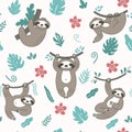 Vector seamless pattern with cute sloths in different positions.