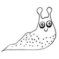 Cute slug smiles. He has dark bruises under his big eyes. The character is drawn in the style of line art. Cartoon