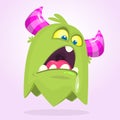 Cute small angry cartoon monster. Green monster emotion. Halloween vector illustration Royalty Free Stock Photo