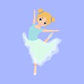 Cute small ballerina dancing. Ballerina girl in blue tutu dress. Beautiful kid flat cartoon vector illustration isolated on blue Royalty Free Stock Photo