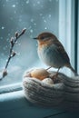 A cute small bird sitting in a nest with eggs. Generative AI image.