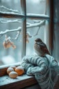 A cute small bird sitting in a nest with eggs. Generative AI image.