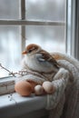 A cute small bird sitting in a nest with eggs. Generative AI image.