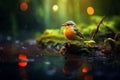 Cute small bird standing on a mossy log next to water with summer morning sunlight in the background