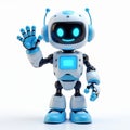 Cute small blue robot waves hello with friendly expression and bright glowing eyes. This friendly character is a perfect mascot Royalty Free Stock Photo