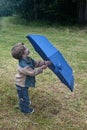 Cute small boy holding blue umbrella on green grass Royalty Free Stock Photo