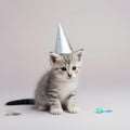 Cute small cat kitten, wearing birthday party hat. Looking straight to camera. isolated on a lilac purple background Royalty Free Stock Photo