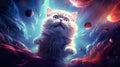 cute small cat swimming in open outer space on stars and colorful nebulas background, kitty in cosmos