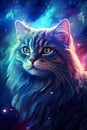 cute small cat swimming in open outer space on stars and colorful nebulas background, kitty in cosmos